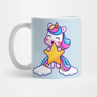 Cute Unicorn Flying With Star And Rainbow Cloud Cartoon Mug